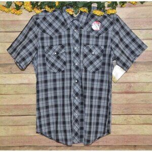 NWT Wrangler Western Button Up Shirt Men's L Short Sleeve Black Plaid Pearl Snap